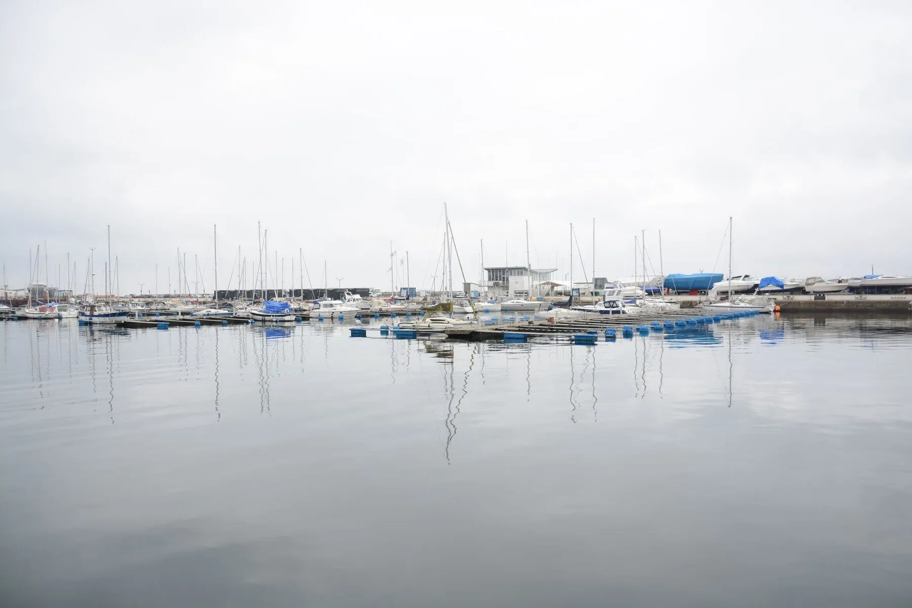Yachts moored on flat water at a marina